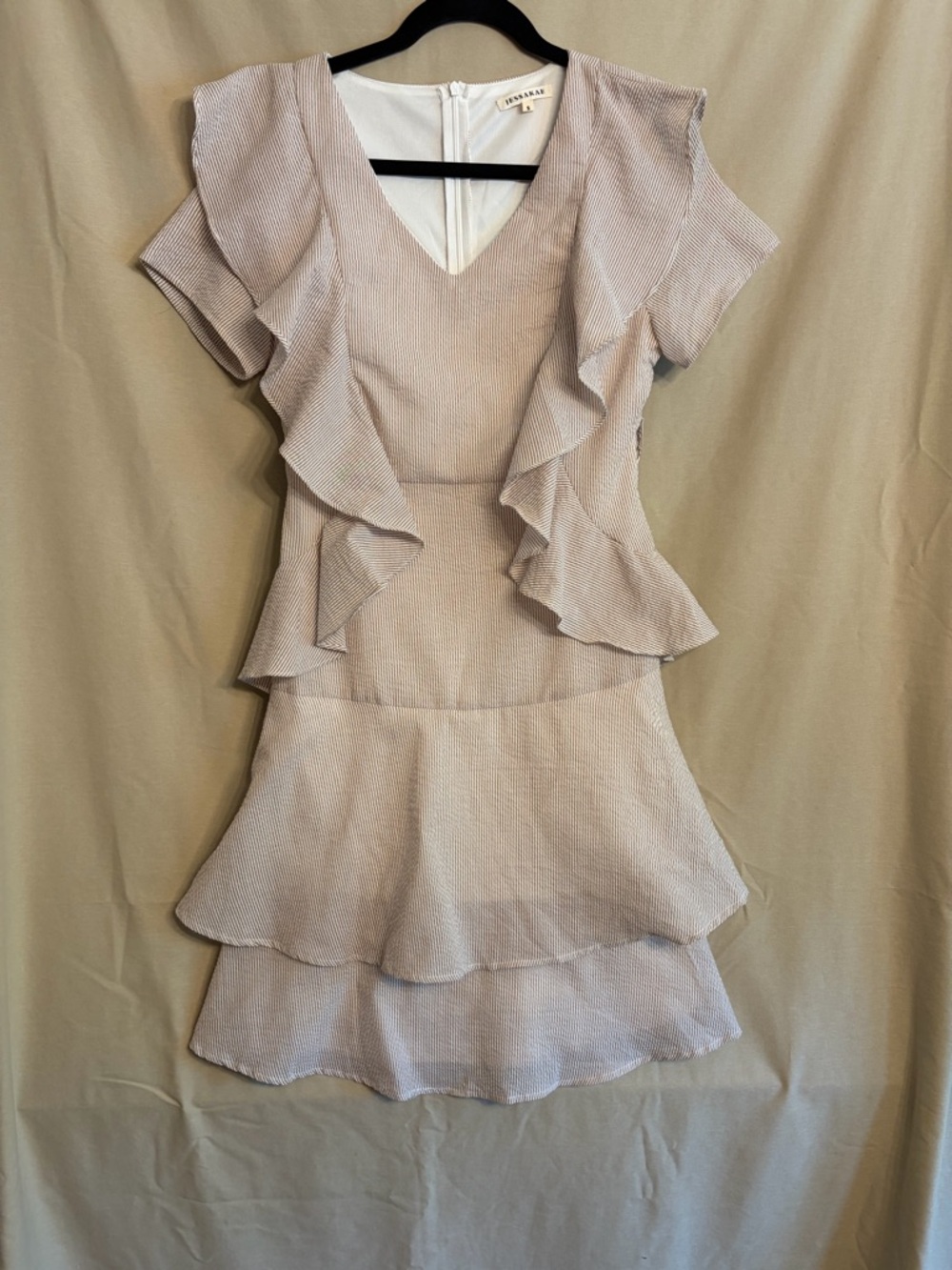 JessaKae Pinstripe Tan/White Ruffle Tiered Feminine Mini Dress *Missing belt*